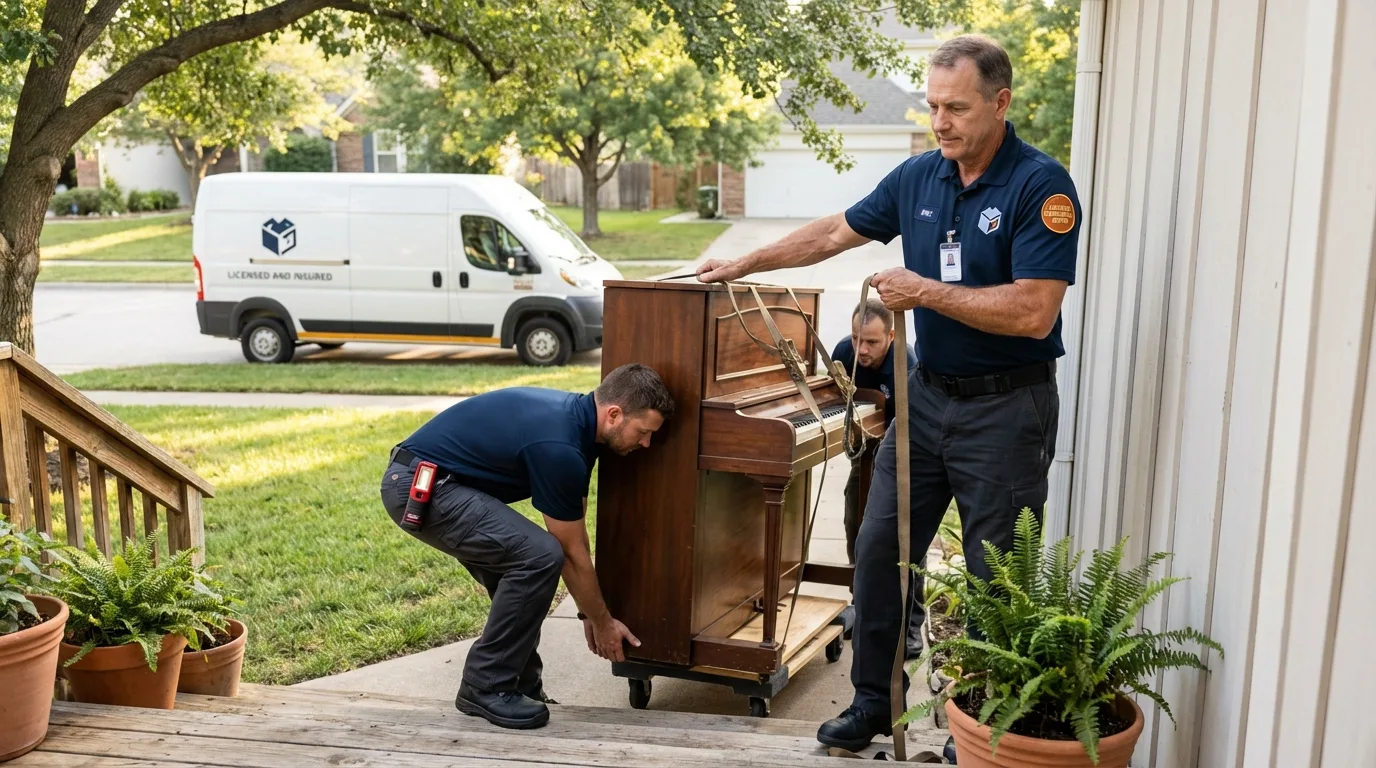 Licensed piano movers securing grand piano in Seaside, CA