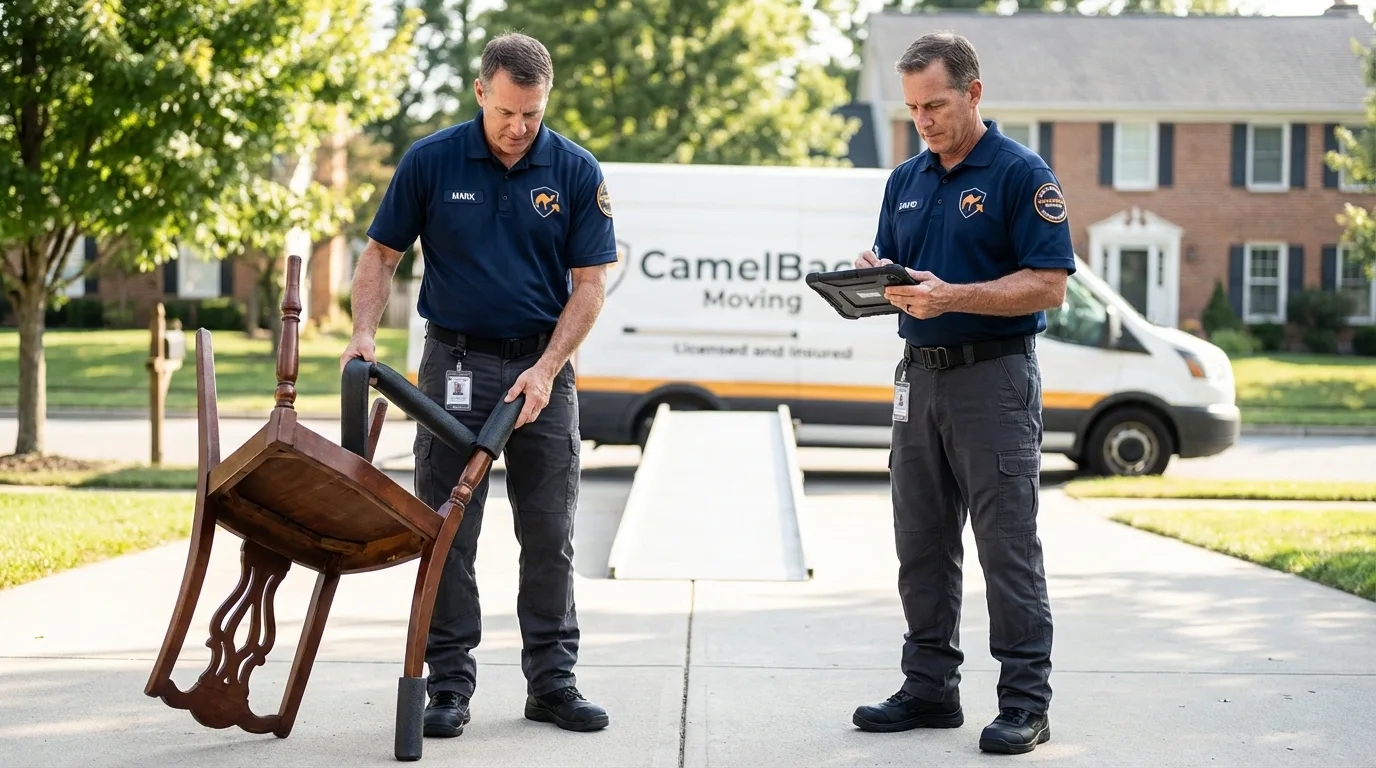 Movers inspecting furniture for damage prevention before loading in Seaside, CA