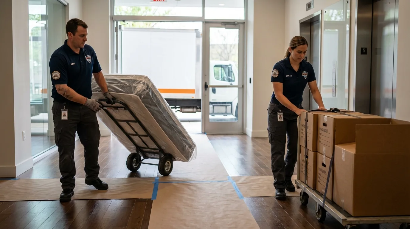 Professional apartment movers loading elevator in Seaside, CA