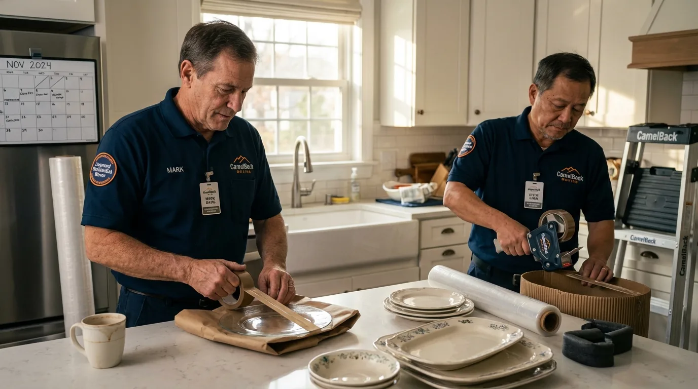 Professional crew packing kitchen dishware in Seaside, CA